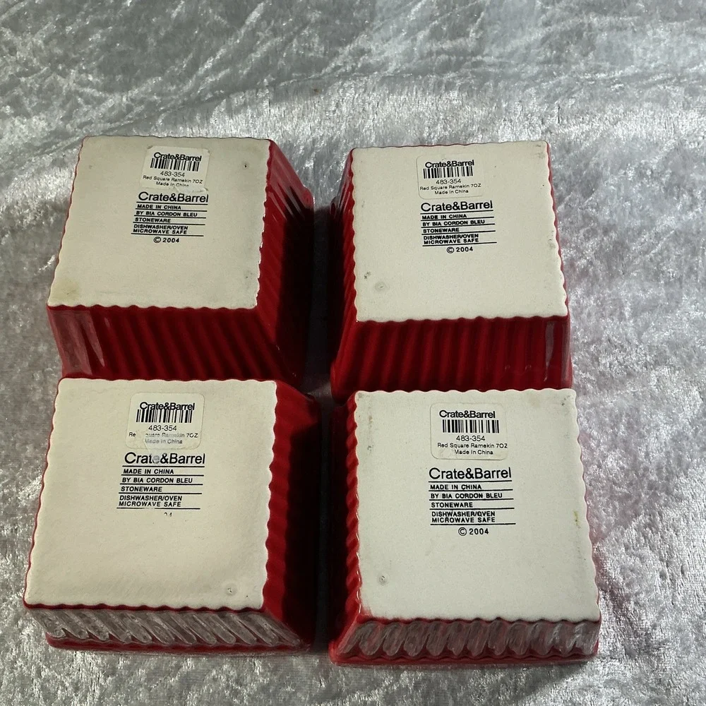 4 piece Crate And Barrel BIA Cordon Bleu Stoneware Ramekin Square Red 3.75